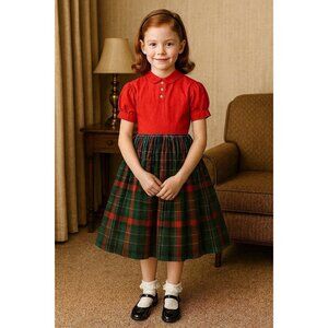 Vintage 1950s Little Star Girls Dress Sz 10 Red Green Plaid Peter Pan Collar